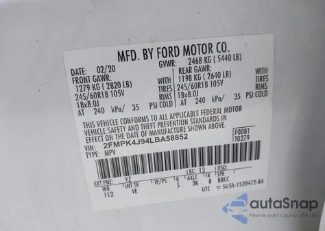 2020 Ford Edge Sel z USA, uszkodzony, nr VIN 2FMPK4J94LBA58852